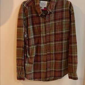 St. John's Bay Army Green and Red Plaid Brushed Flannel Shirt